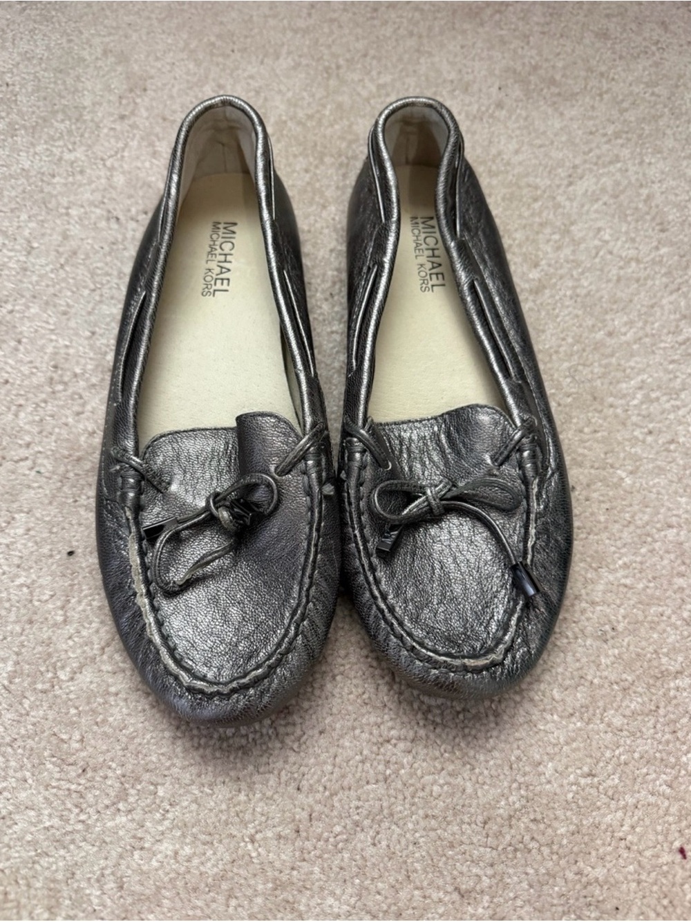 MICHAEL Michael Kors Metallic Pewter Leather Moccasin Flats